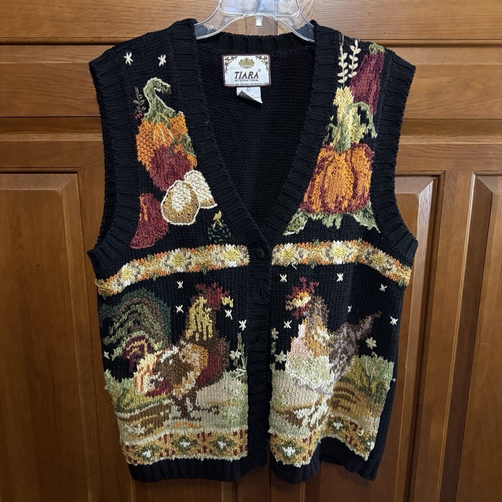 Vintage Tiara International Embroidered Sweater Vest Sz Large Pumpkins~ Roosters